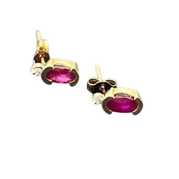 Designer Yellow Gold 14K July Ruby and Diamond Post Back Stud Elegant Earrings - Picture 1 of 11